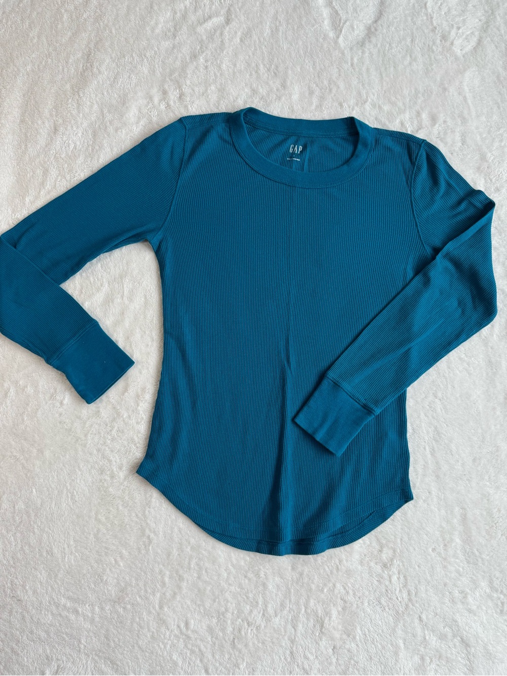 GAP Teal Blue Ribbed Waffle-Knit Crewneck Long Sleeve Top S